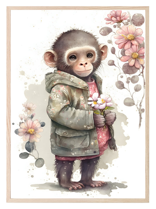 Sweet Monkey Holding Flowers Print | Kids Wall Art