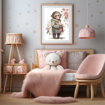 Sweet Monkey Holding Flowers Print | Kids Wall Art