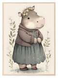 Sweet Dressed Hippo Print | Floral | Kids Wall Art - Larosier Prints