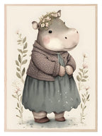 Sweet Dressed Hippo Print | Floral | Kids Wall Art - Larosier Prints
