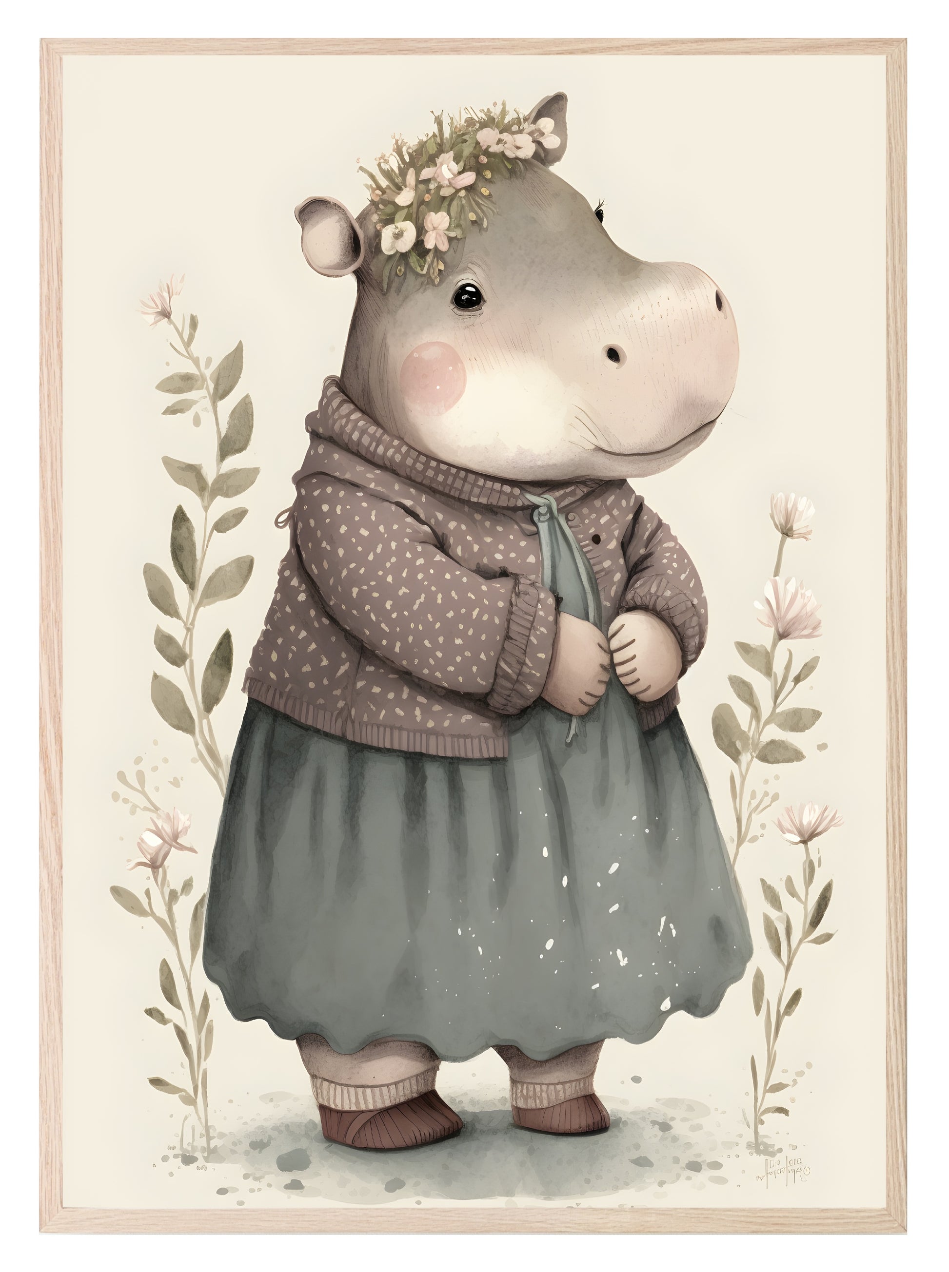 Sweet Dressed Hippo Print | Floral | Kids Wall Art