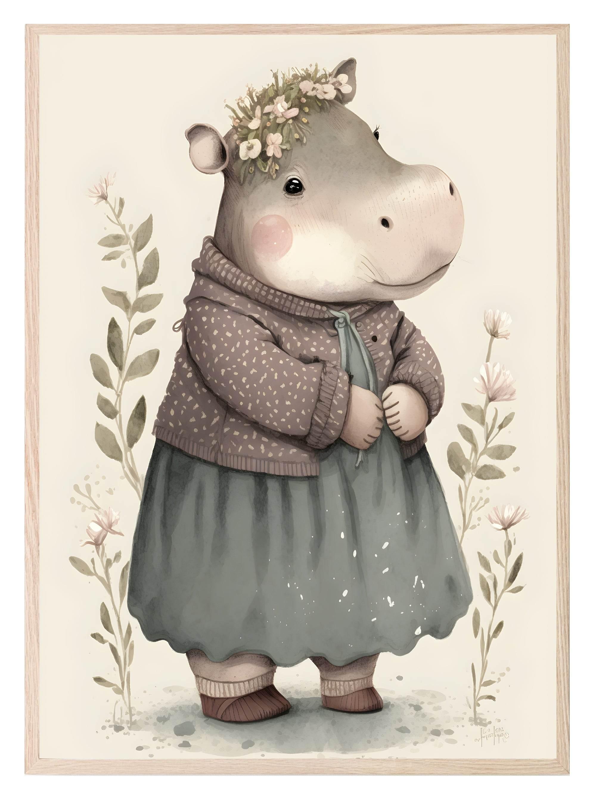 Sweet Dressed Hippo Print | Floral | Kids Wall Art - Larosier Prints