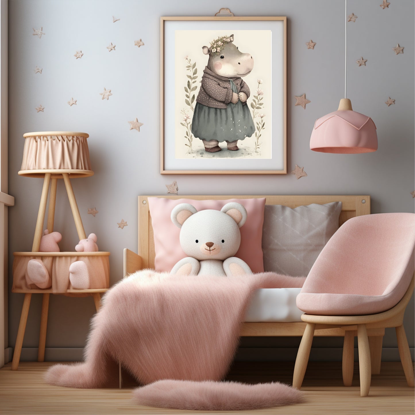 Sweet Dressed Hippo Print | Floral | Kids Wall Art