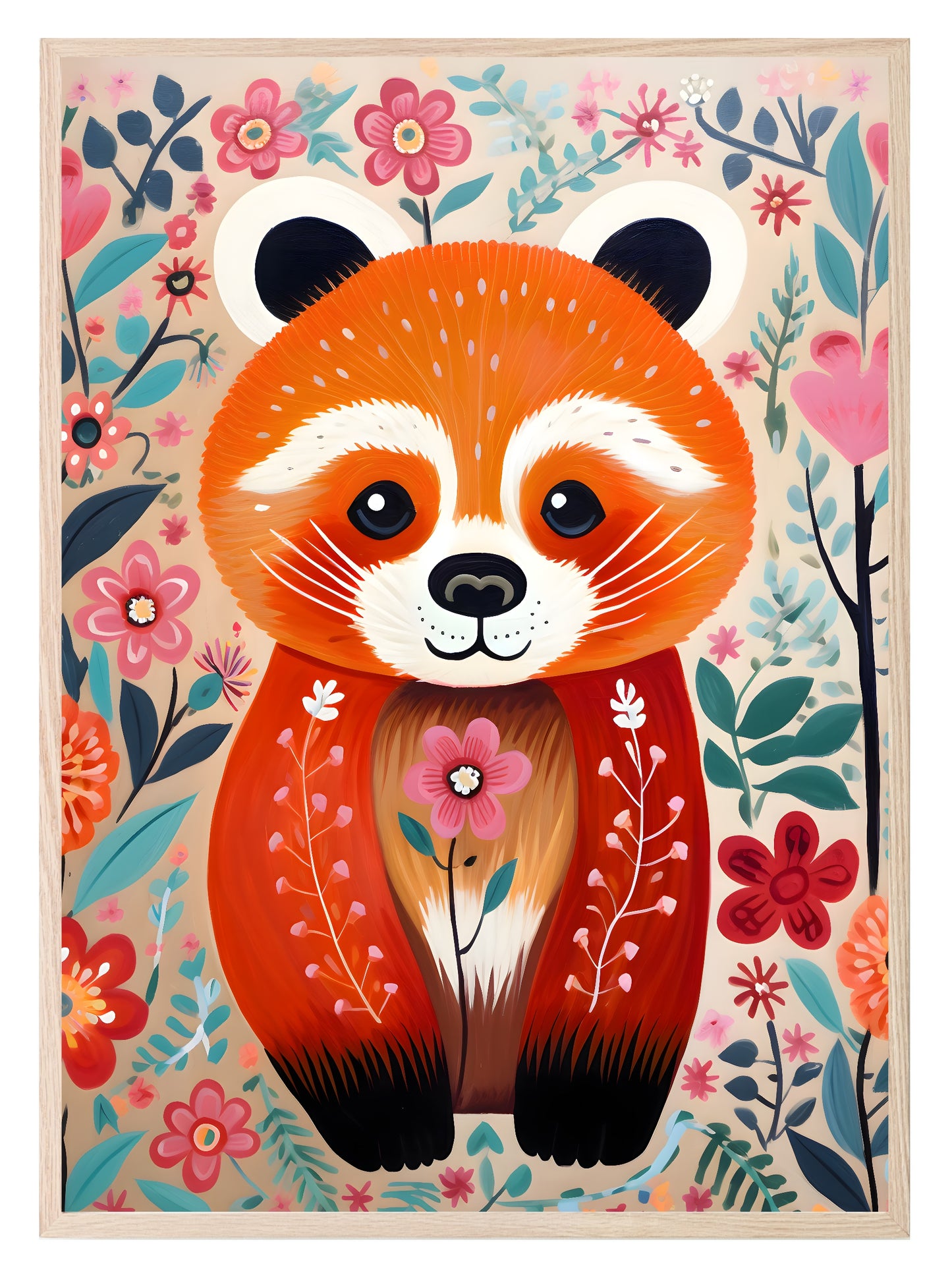 Red Panda Print | Floral | Oil Painting | Kids Wall Art