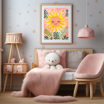 Sun Rays Folk Art Print | Floral | Oil Painting | Kids Wall Art