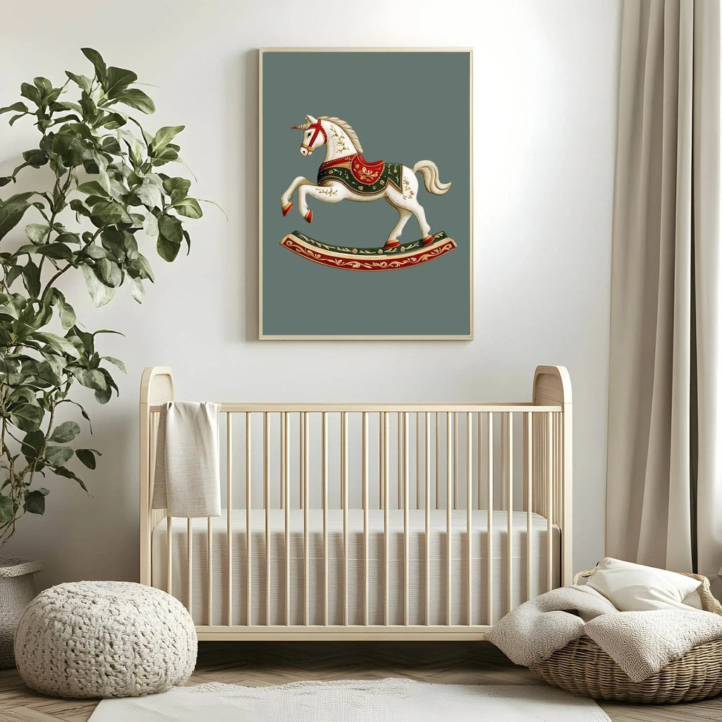 Rocking Horse Print | Green | Kids Wall Art - Larosier Prints