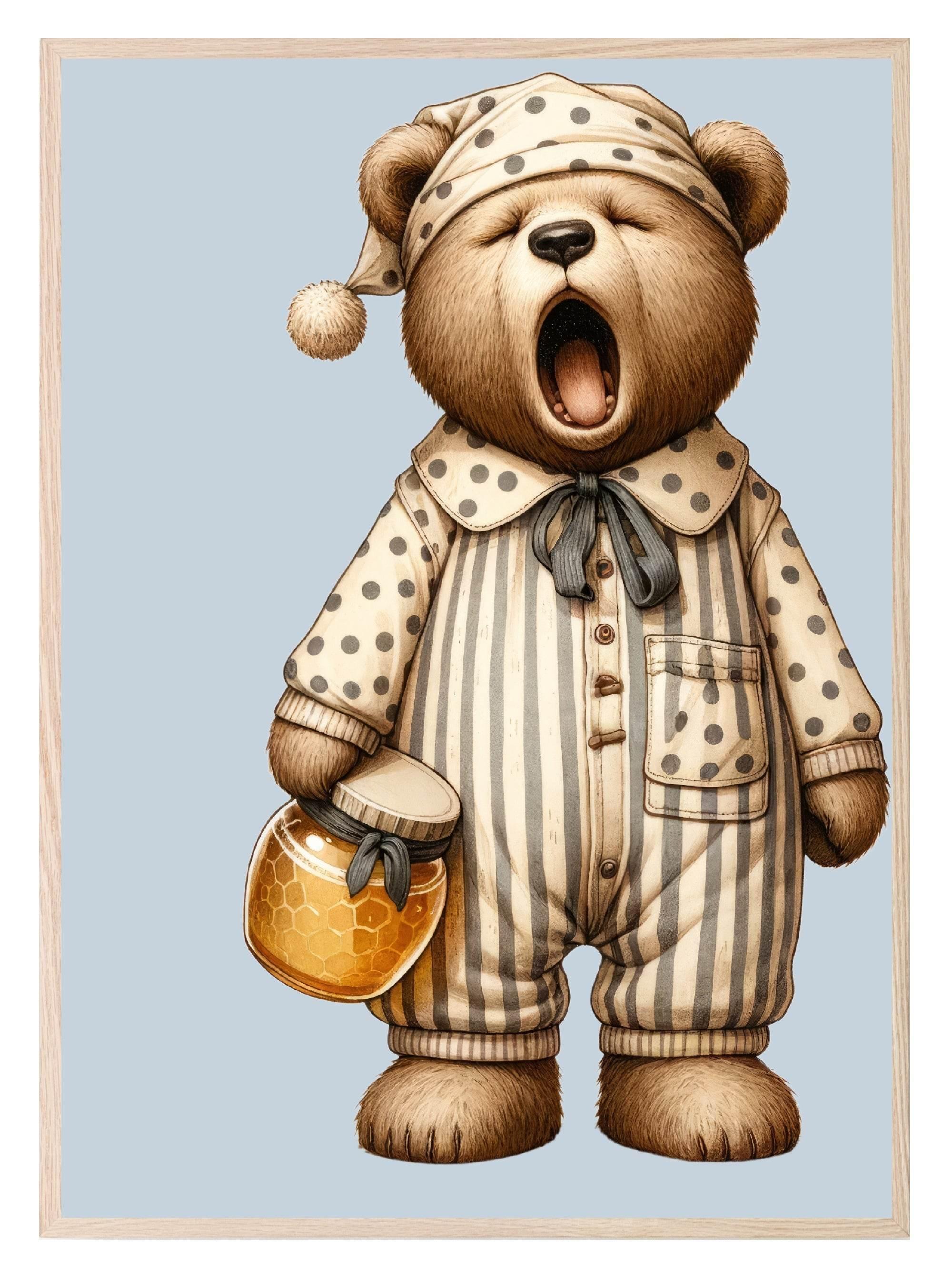 Sleepy Teddy Bear Holding A Jar With Honey Print | Kids Wall Art - Larosier Prints
