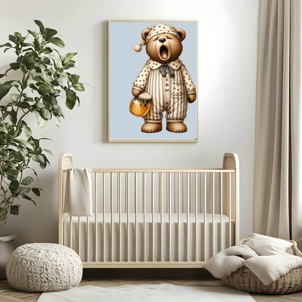Sleepy Teddy Bear Holding A Jar With Honey Print | Kids Wall Art - Larosier Prints