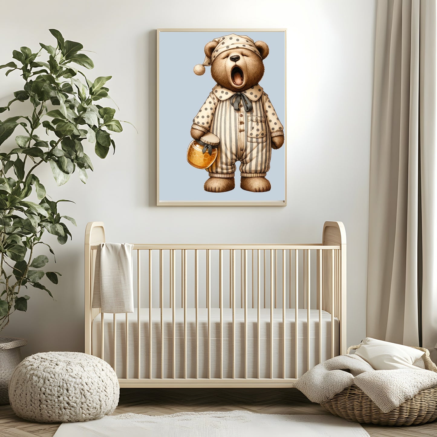 Sleepy Teddy Bear Holding A Jar With Honey Print | Kids Wall Art