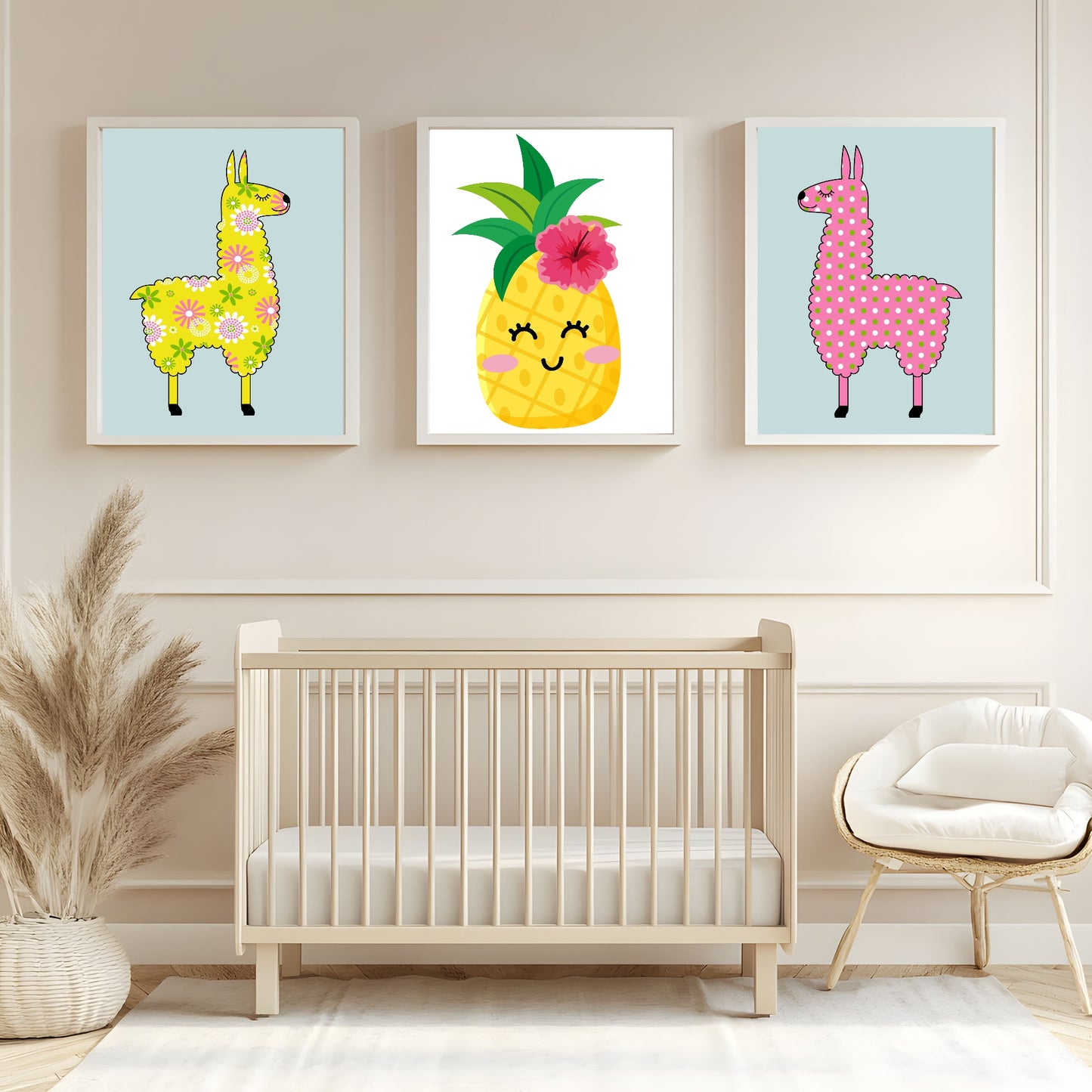 Pink Llama With White & Green Dots Print | Kids Wall Art