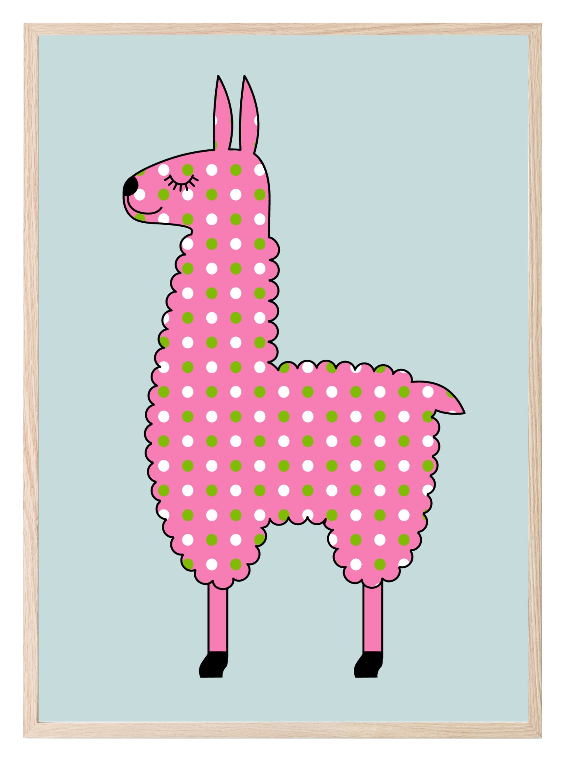 Pink Llama With White & Green Dots Print | Kids Wall Art