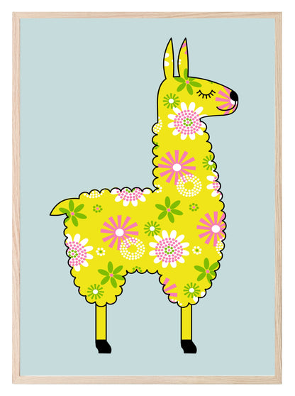 Floral Yellow Llama Print | Kids Wall Art