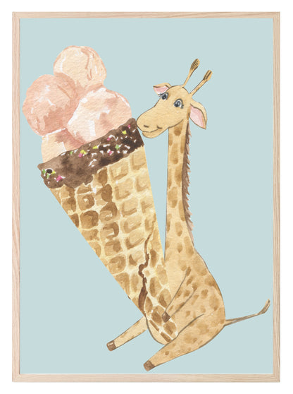 Baby Giraffe With Her Ice Cream Print | Kids Wall Art