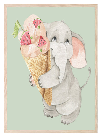 Baby Elephant Cuddling His Ice Cream Print | Kids Wall Art