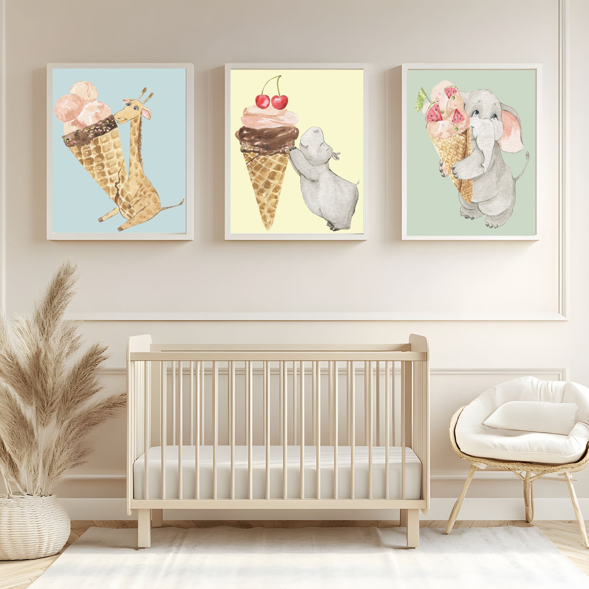 Baby Elephant Cuddling His Ice Cream Print | Kids Wall Art