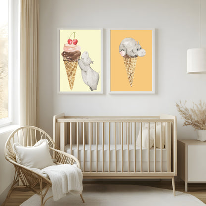 Baby Hippo On Top Of His Ice Cream Print | Kids Wall Art