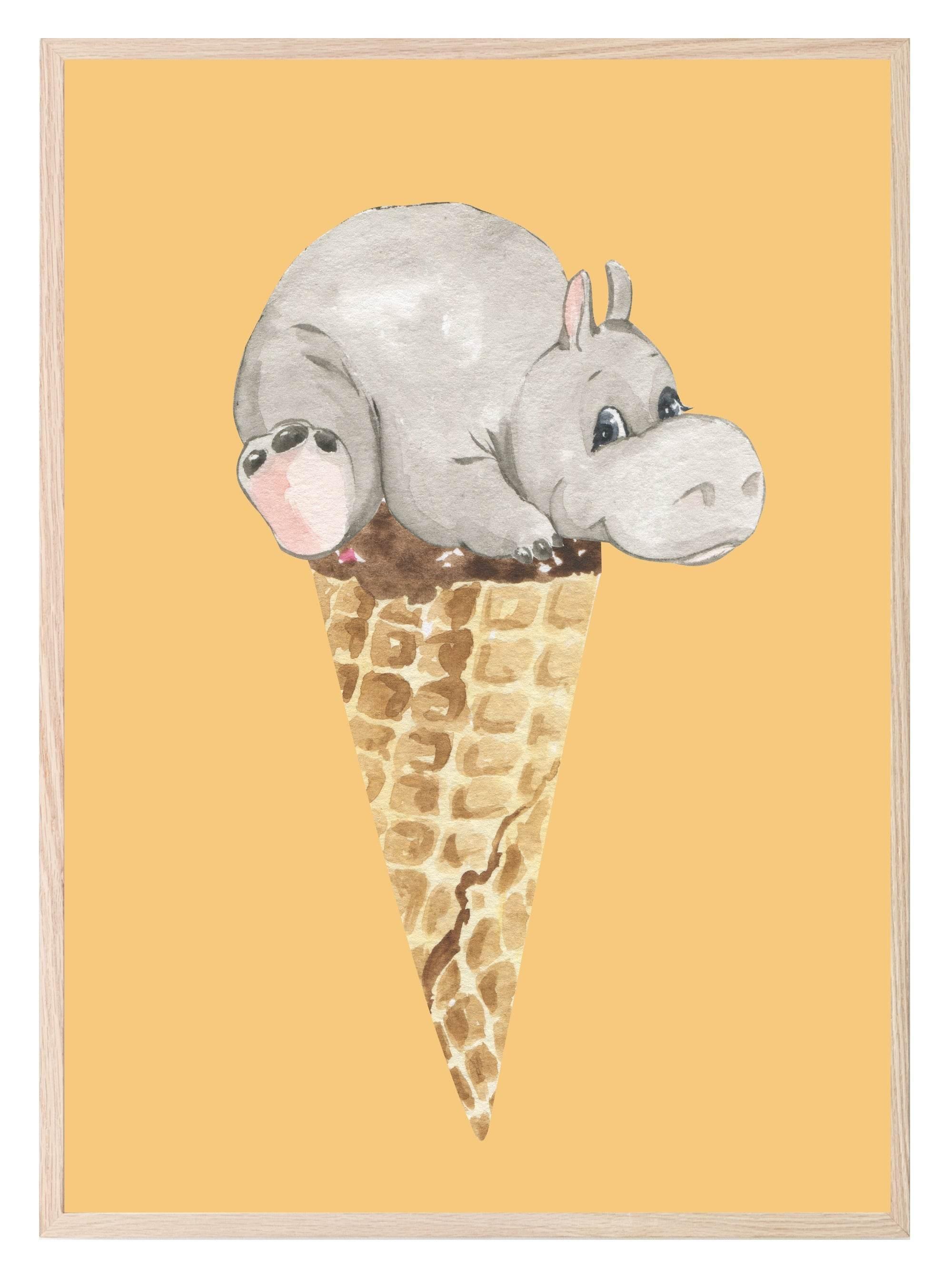 Baby Hippo On Top Of His Ice Cream Print | Kids Wall Art - Larosier Prints