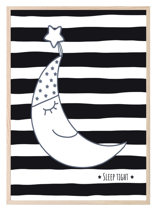 Sleep Tight Moon Print | Stripes | Monochrome | Kids Wall Art