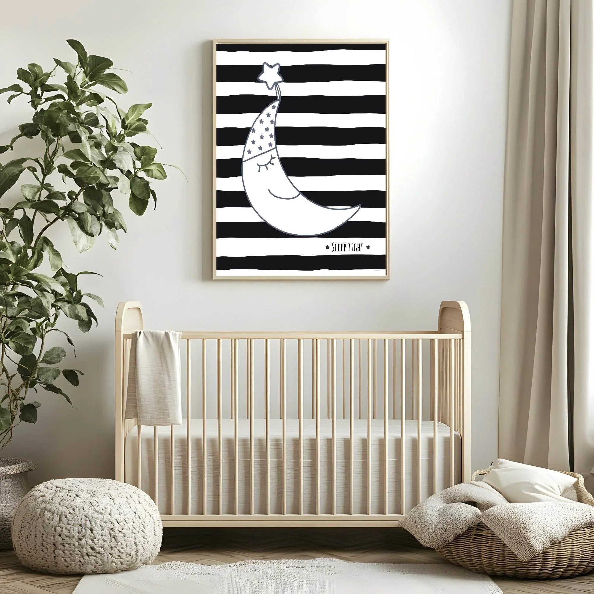 Sleep Tight Moon Print | Stripes | Monochrome | Kids Wall Art - Larosier Prints