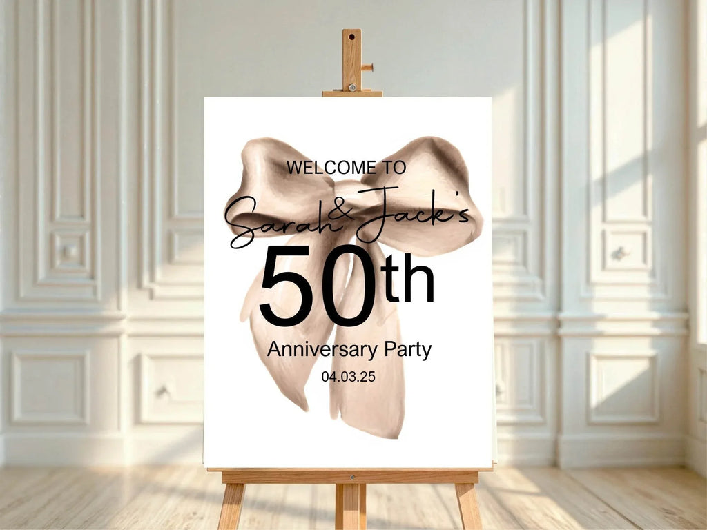 Beige Bow Welcome Anniversary Party Sign - Larosier Prints