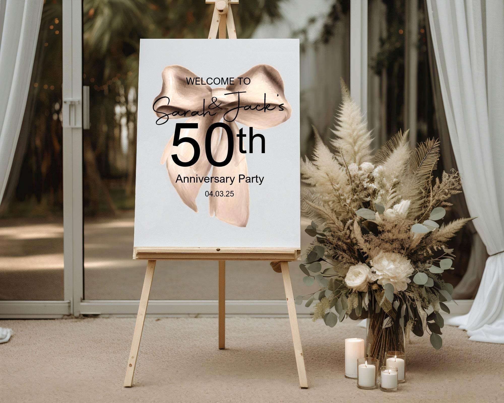 Beige Bow Welcome Anniversary Party Sign - Larosier Prints