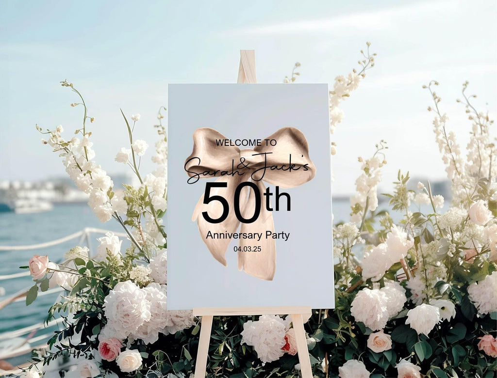Beige Bow Welcome Anniversary Party Sign - Larosier Prints