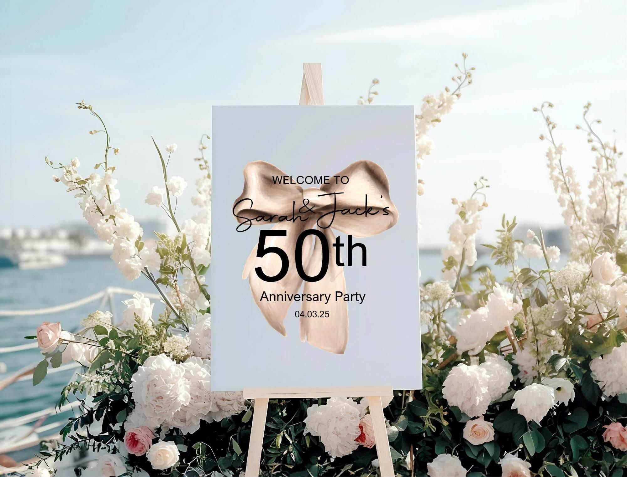 Beige Bow Welcome Anniversary Party Sign - Larosier Prints