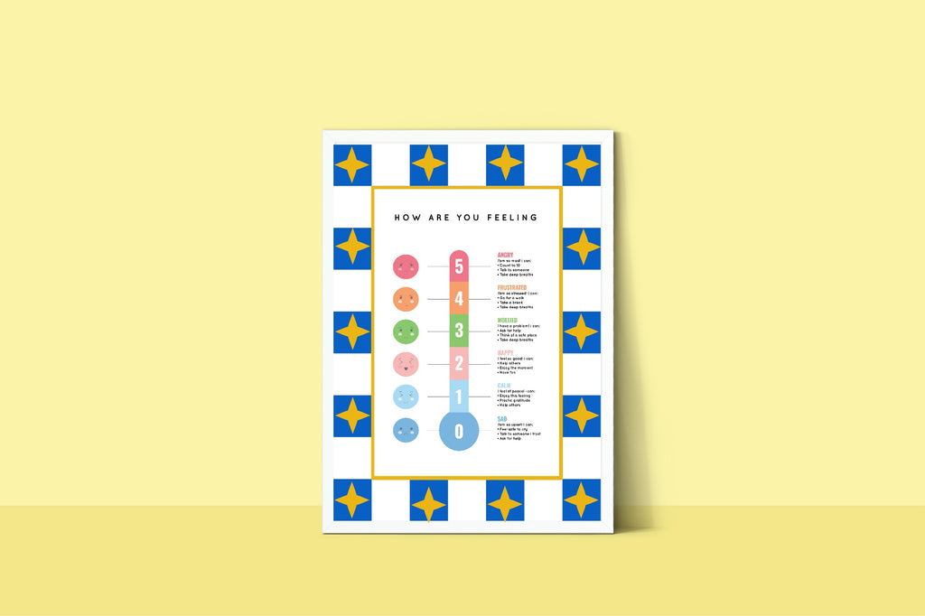 Blue Checked & Stars Feelings Meter Poster | Emotional Support Tool Wall Art