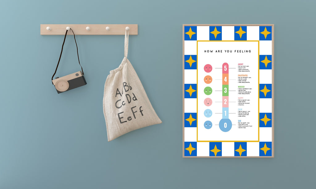 Blue Checked & Stars Feelings Meter Poster | Emotional Support Tool Wall Art