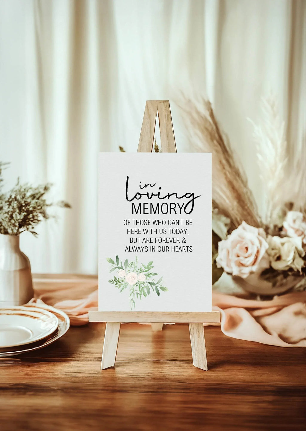 Green & White Rose In Loving Memory Wedding Party Sign - Larosier Prints