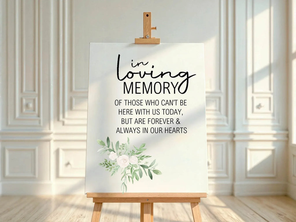 Green & White Rose In Loving Memory Wedding Party Sign - Larosier Prints