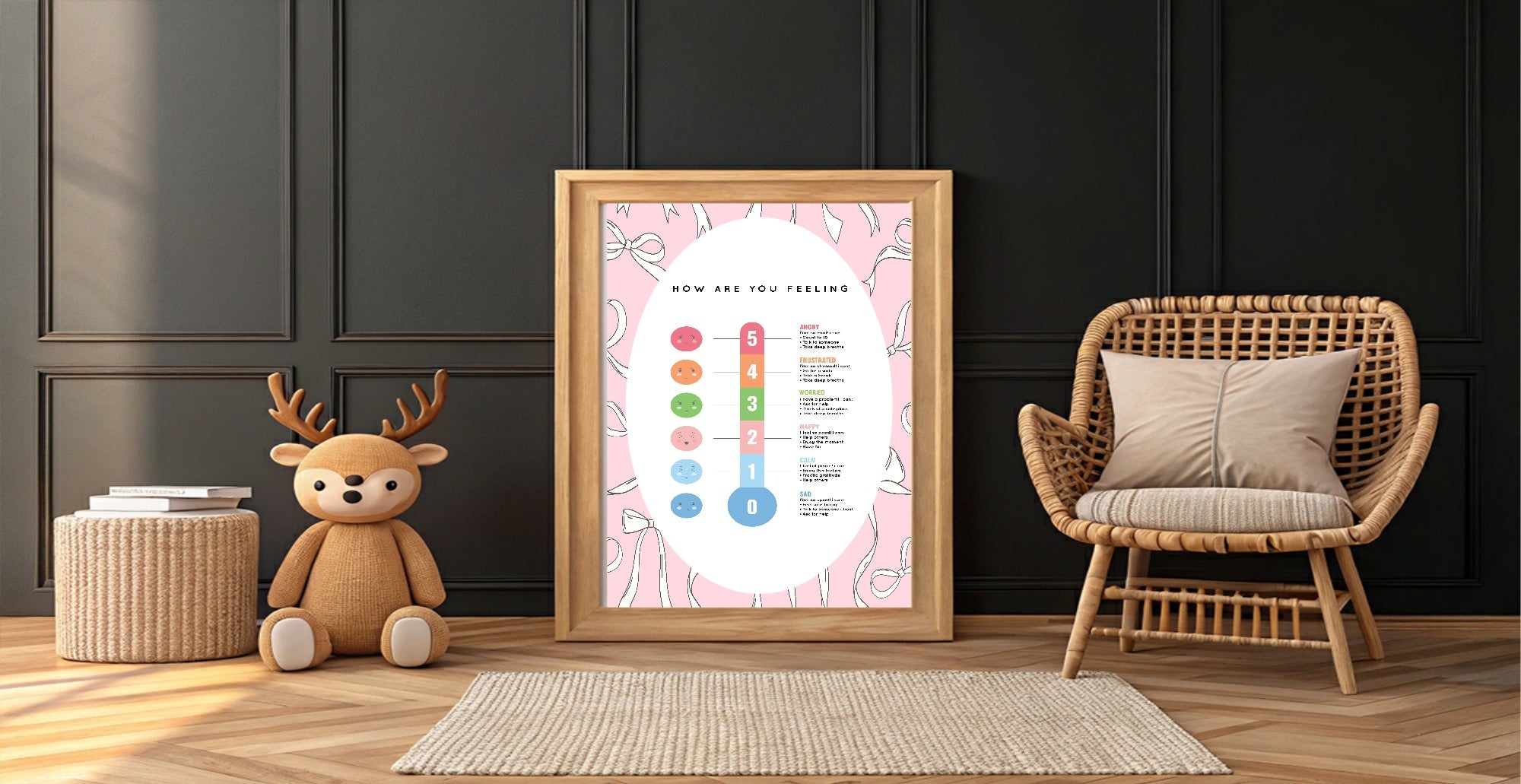 Pink Bow Feelings Meter Poster | Emotional Support Tool Wall Art