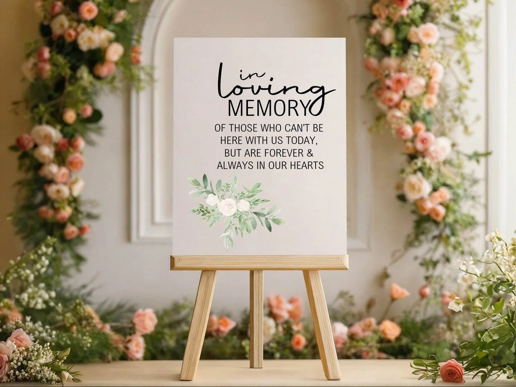 Green & White Rose In Loving Memory Wedding Party Sign - Larosier Prints