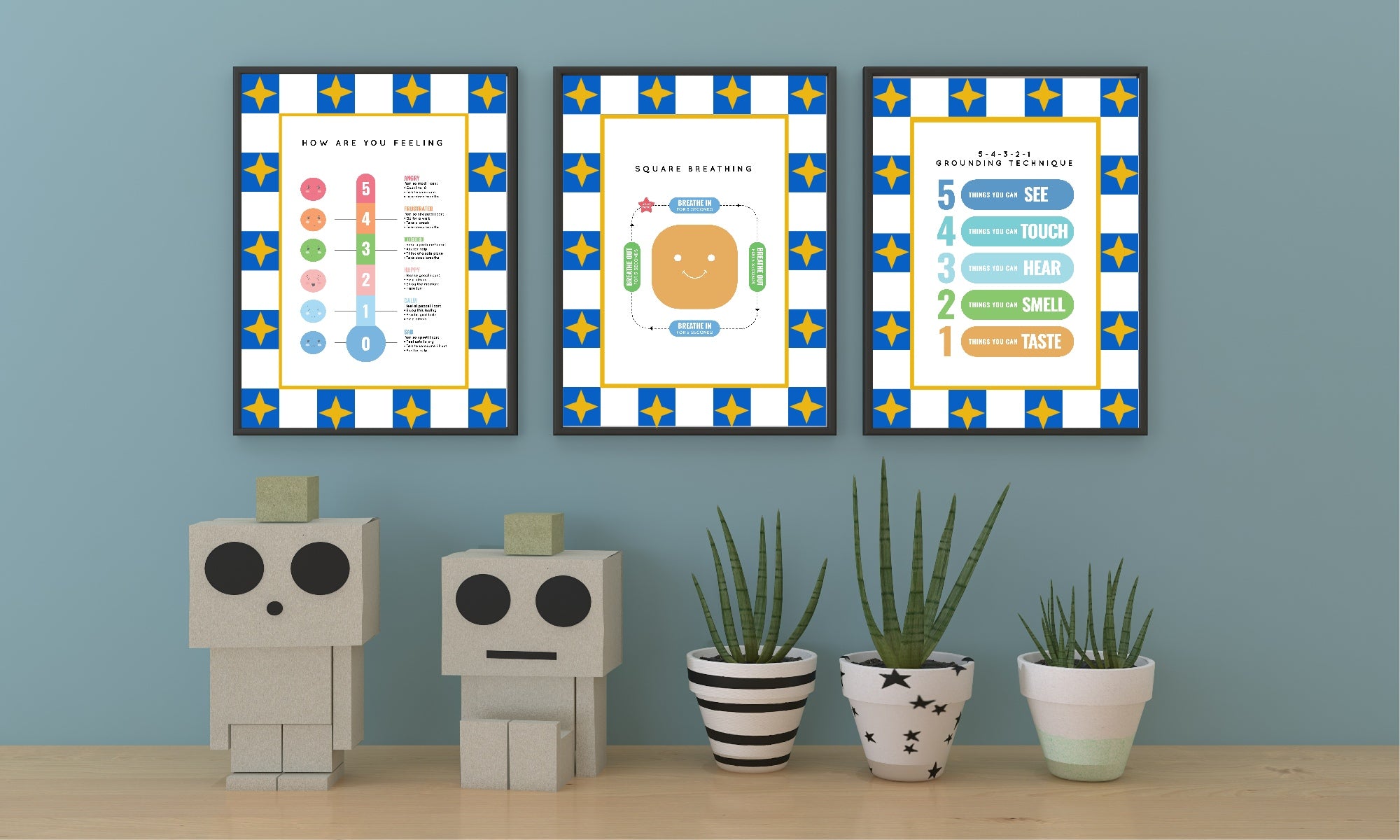 Blue Checked & Stars Square Breathing Poster | Emotional Support Tool Wall Art