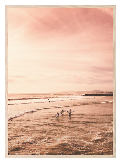 Beach Scene Print | Surfers On A Beach | Pink | Colourful Wall Art