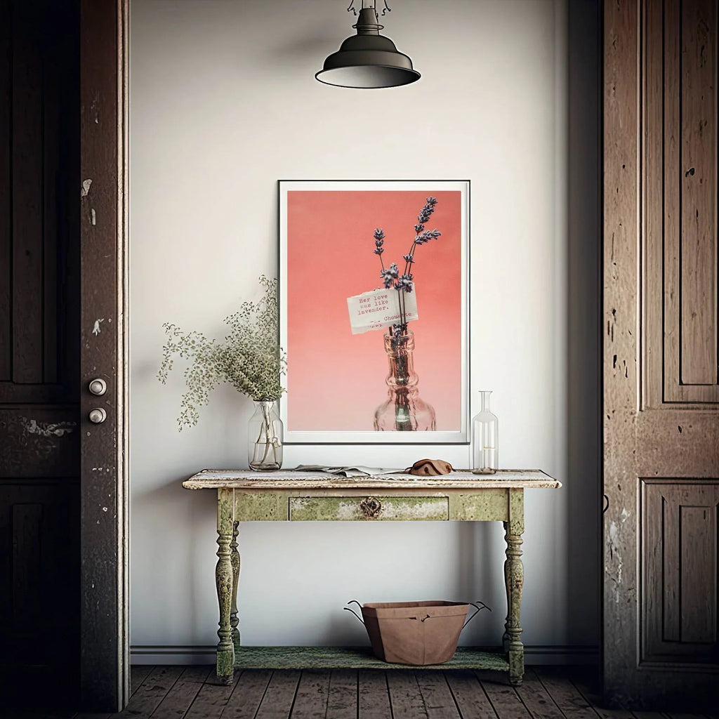 Her Love Was Like Lavender Print | Lavender In A Bottle With A Note | Pink | Colourful Wall Art - Larosier Prints