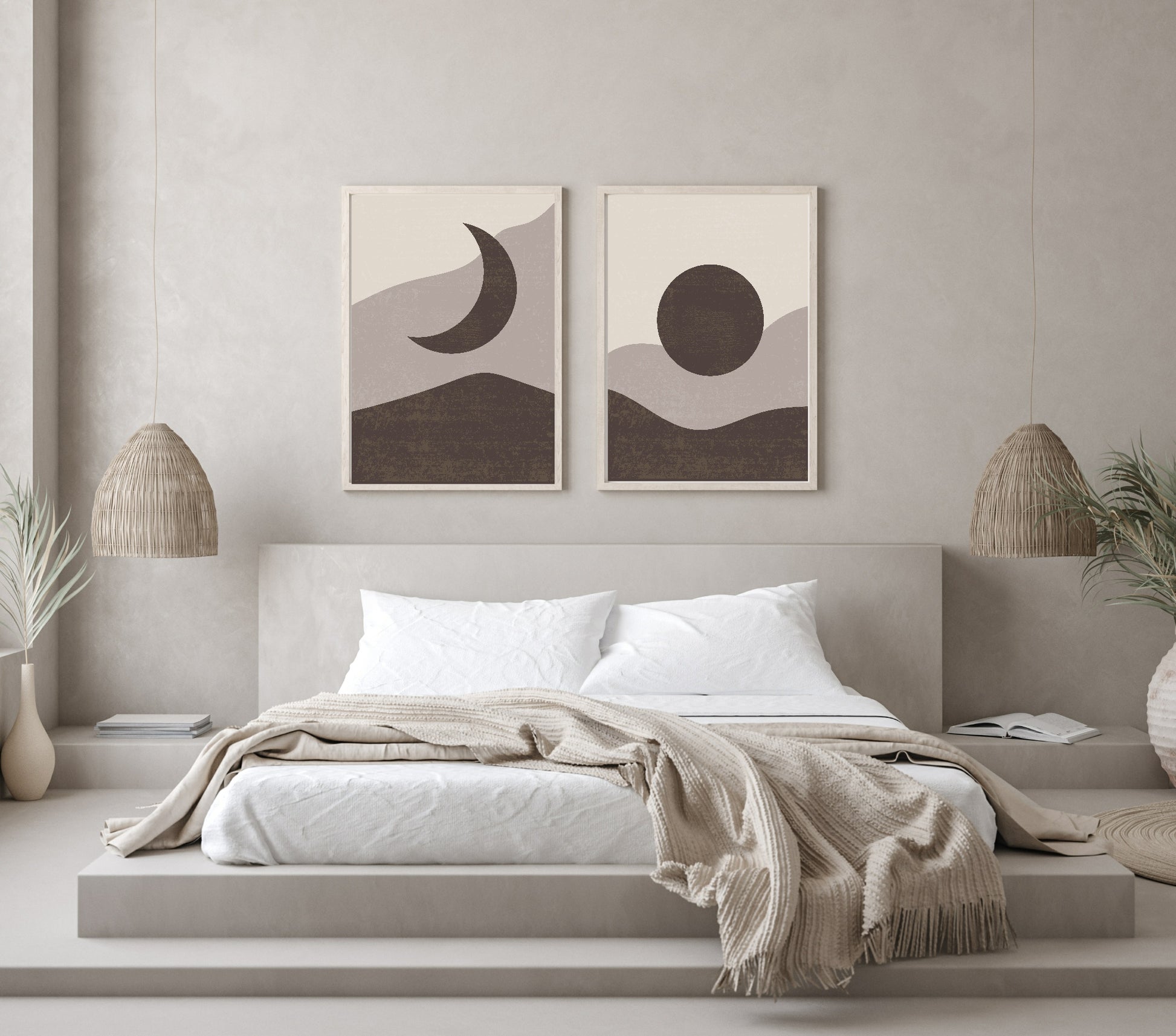 Moon & Full Moon Print | Brown, Beige & Cream | Abstract Wall Art