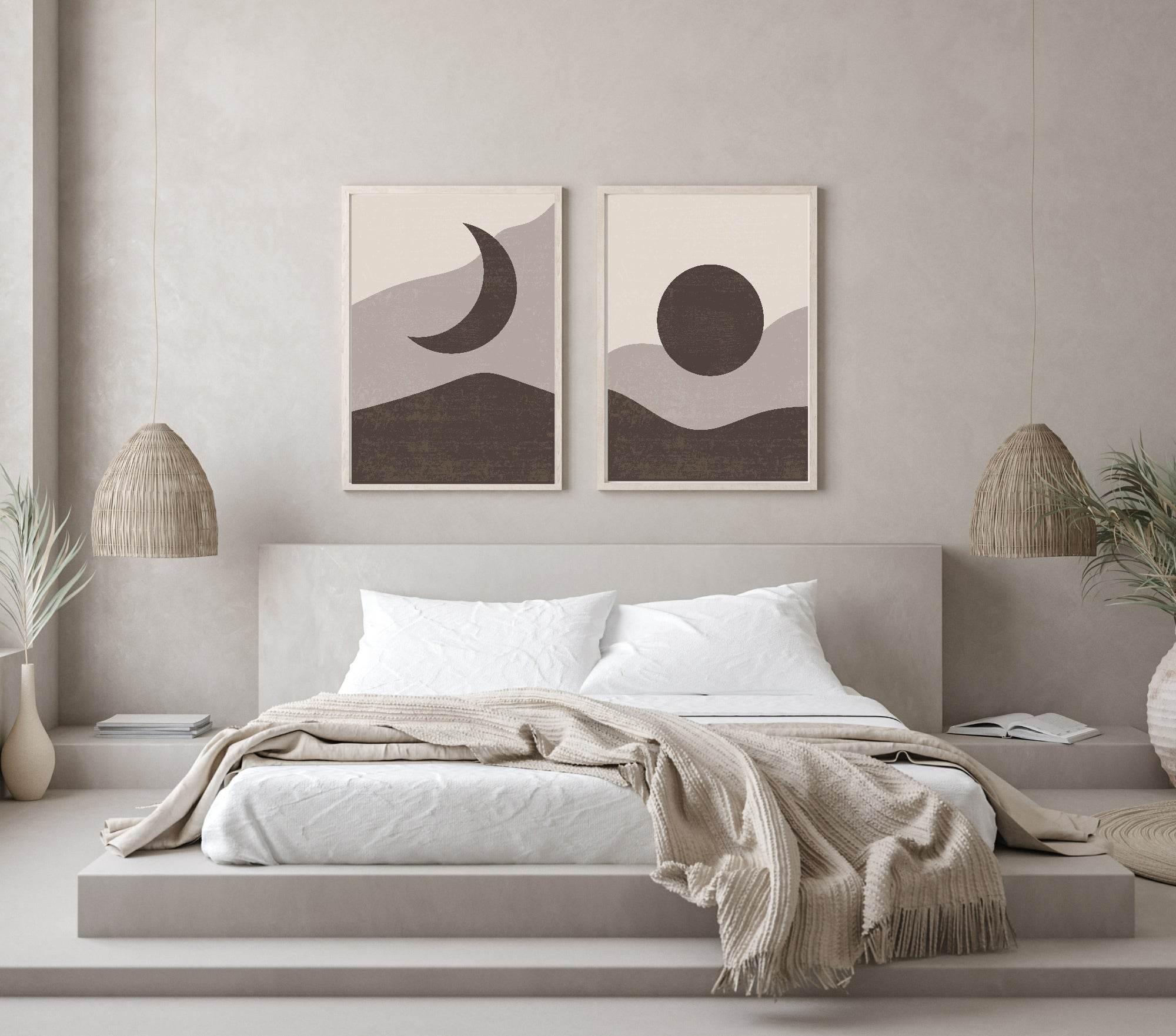 Moon & Full Moon Print | Brown, Beige & Cream | Abstract Wall Art - Larosier Prints