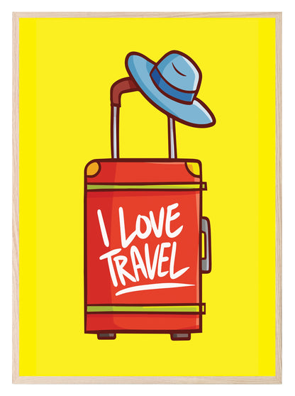 I Love Travel Print | Red Suitcase | Yellow | Colourful Wall Art