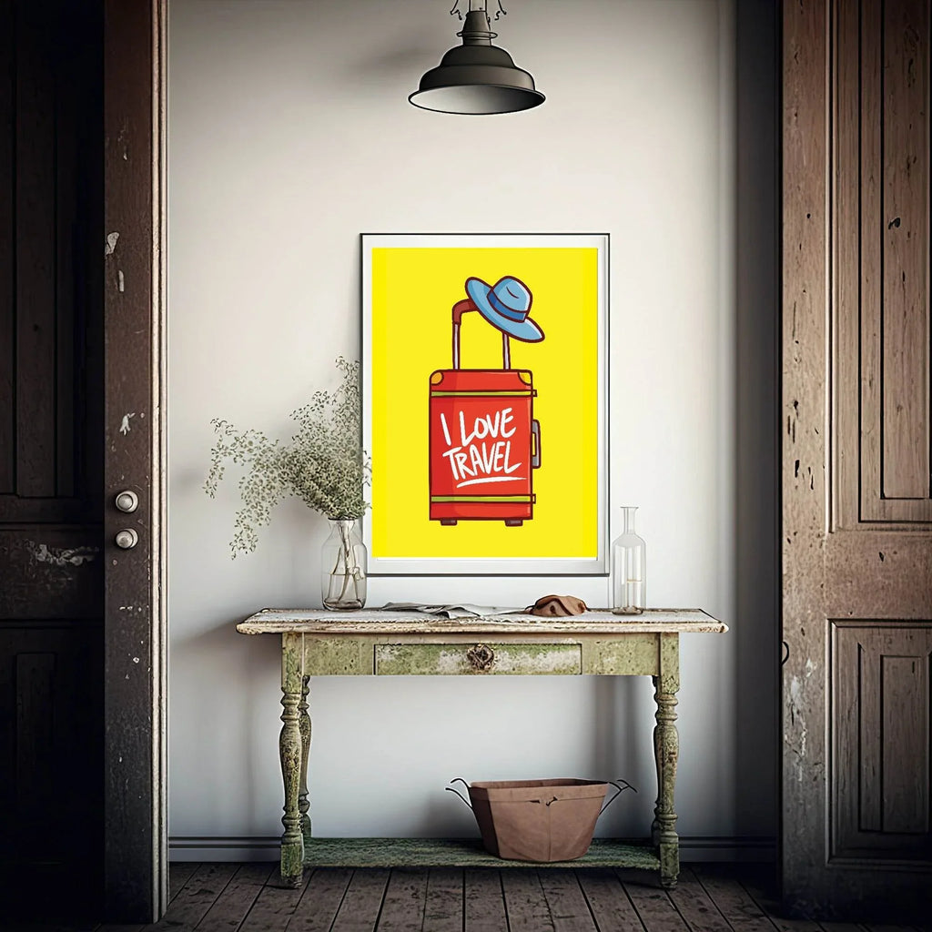 I Love Travel Print | Red Suitcase | Yellow | Colourful Wall Art - Larosier Prints
