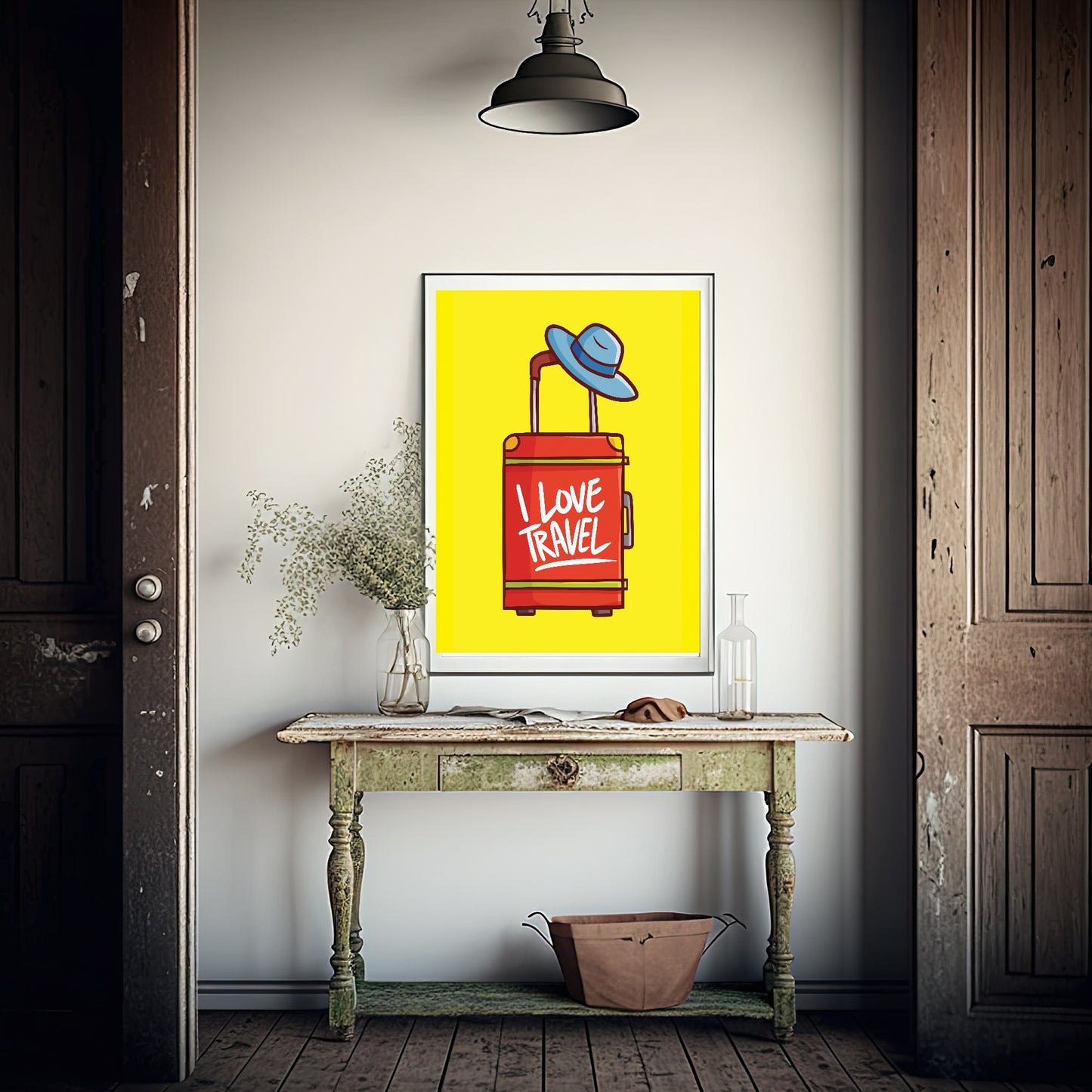 I Love Travel Print | Red Suitcase | Yellow | Colourful Wall Art