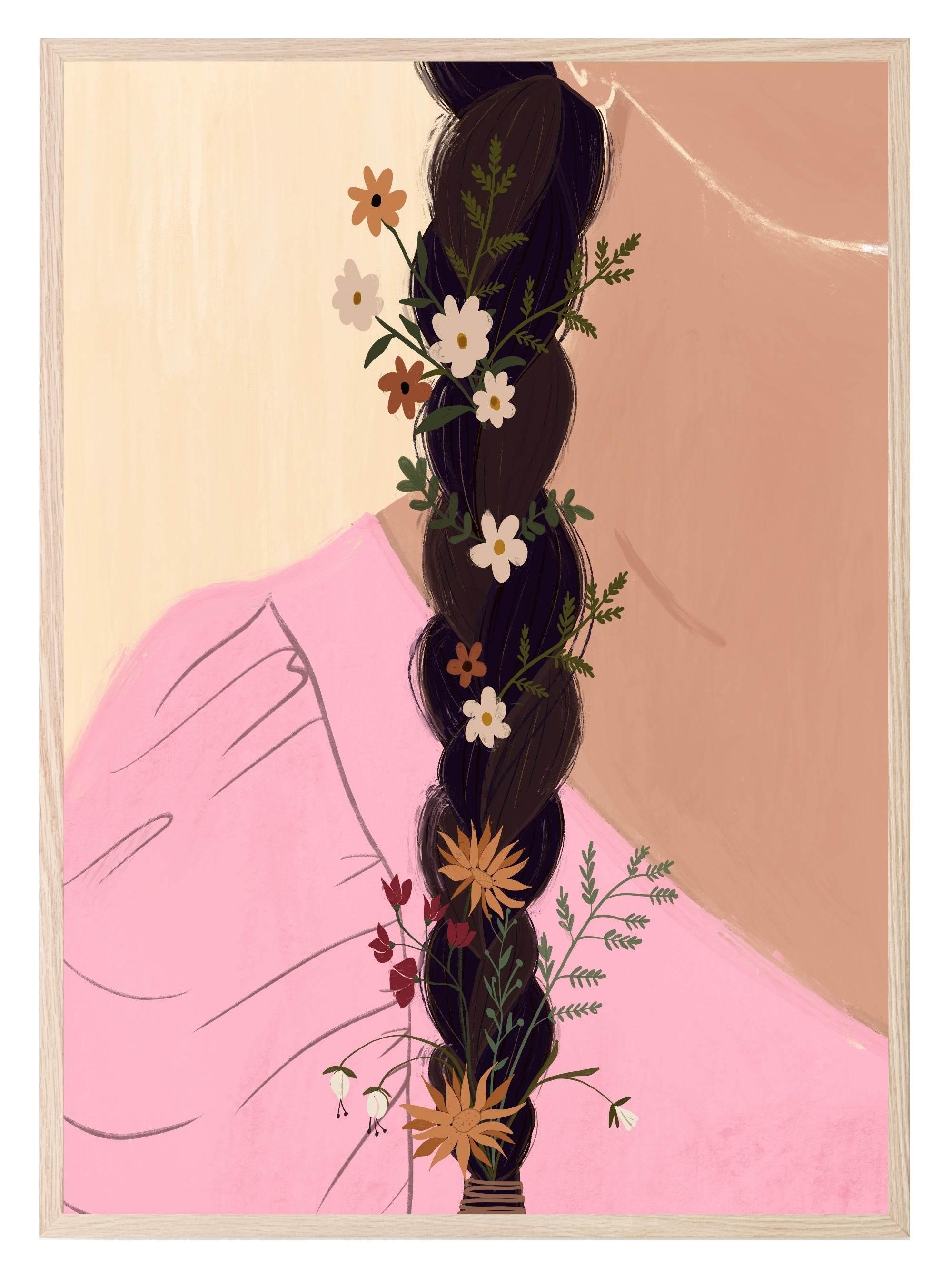 Floral Plait Print | Girl In Pink Dress | Contemporary Wall Art - Larosier Prints
