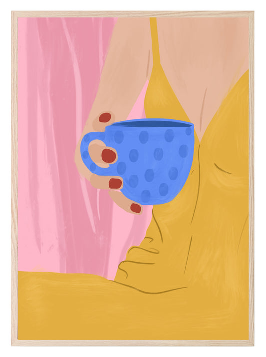 Drinking Tea Print | Woman In Yellow Dress & Red Nails | Contemporary Wall Art