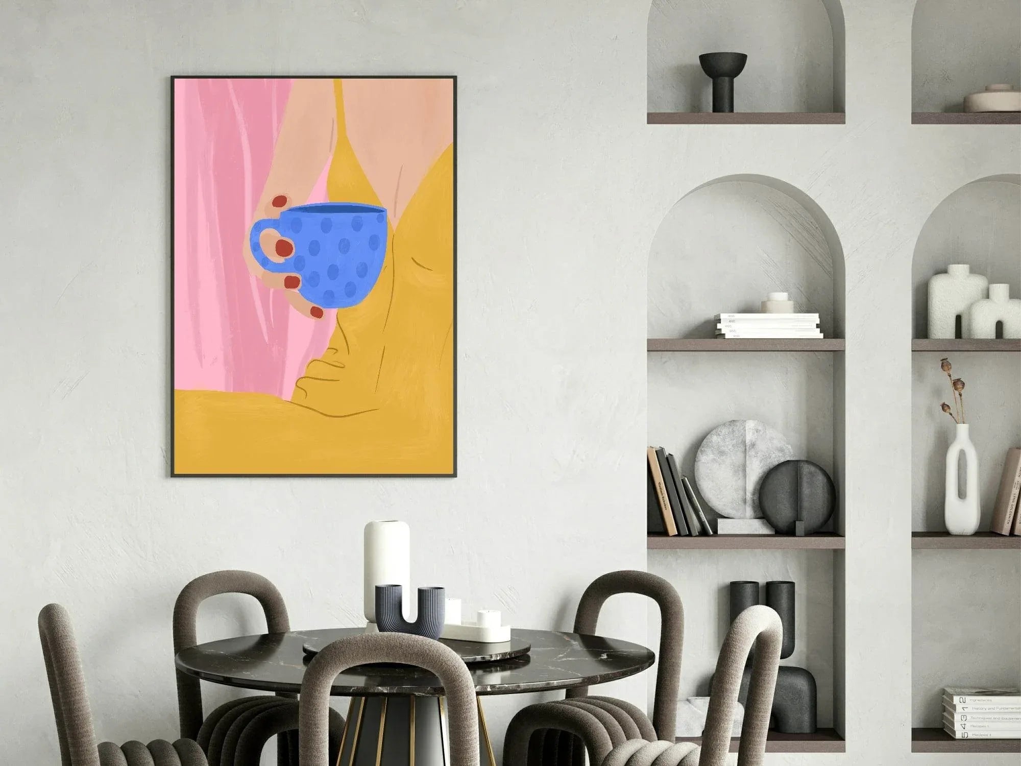 Drinking Tea Print | Woman In Yellow Dress & Red Nails | Contemporary Wall Art - Larosier Prints