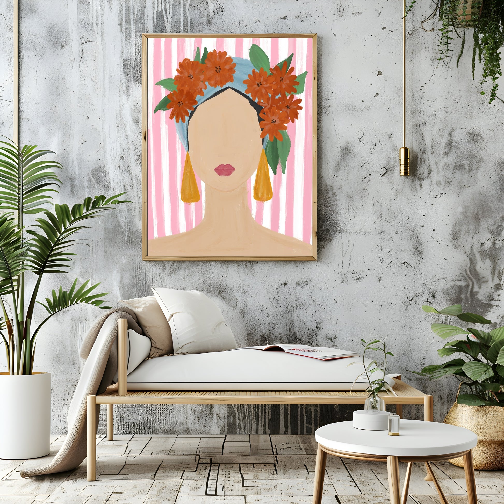 Lady Portrait Print | Pink Stripes | Contemporary Wall Art