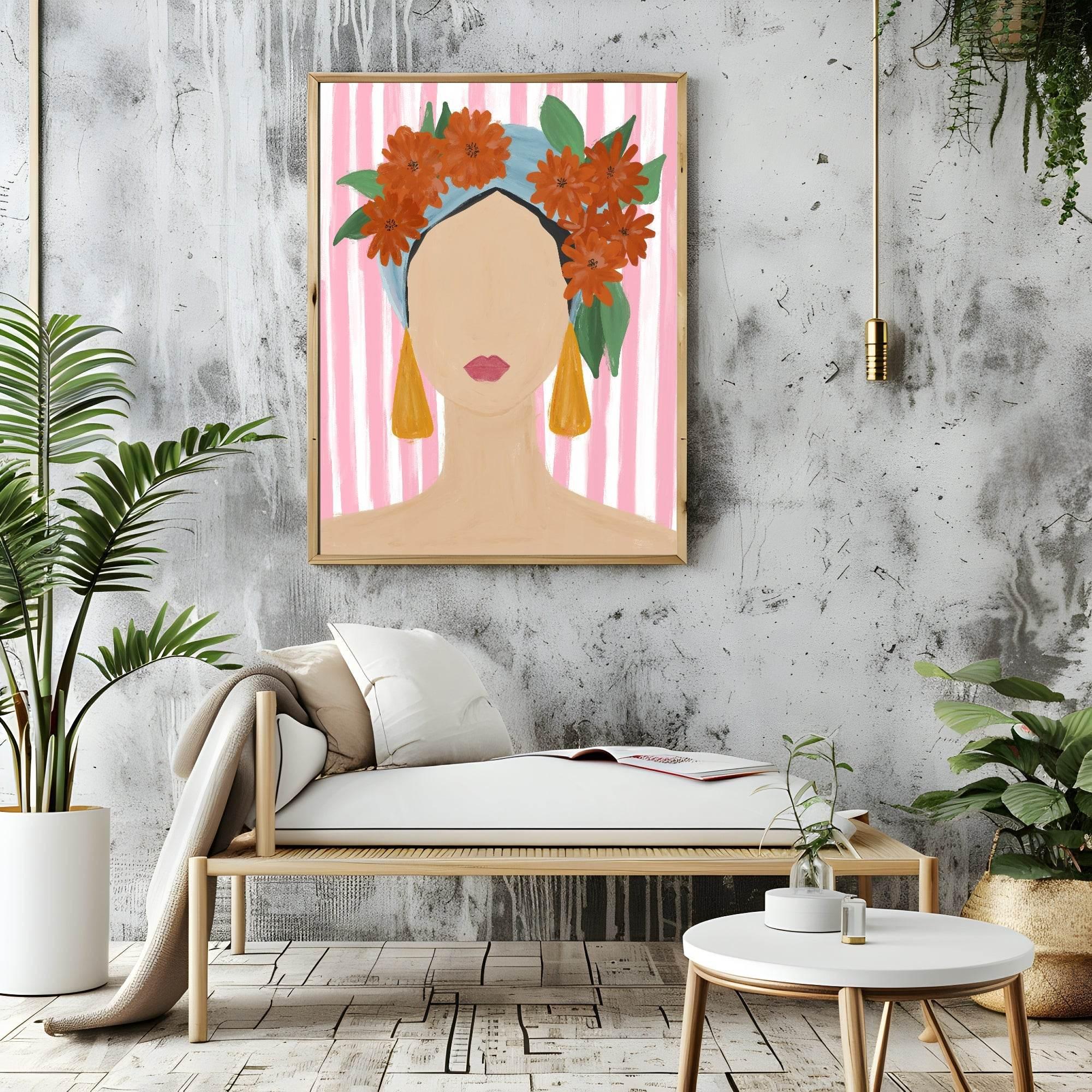Lady Portrait Print | Pink Stripes | Contemporary Wall Art - Larosier Prints