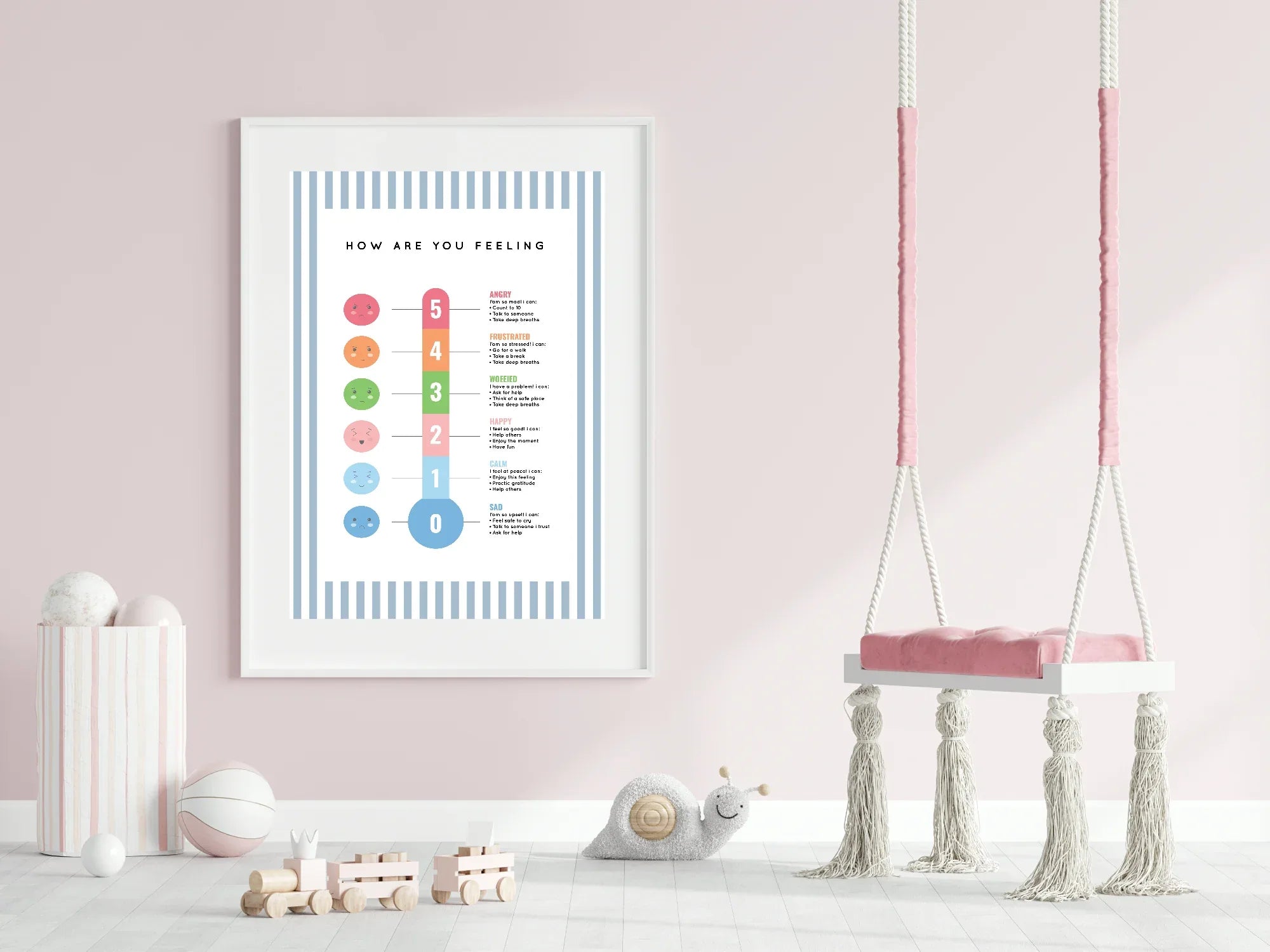 Pastel Stripe Feelings Meter Emotional Support Tool Wall Art Poster | Blue, Pink or Mint Green - Larosier Prints