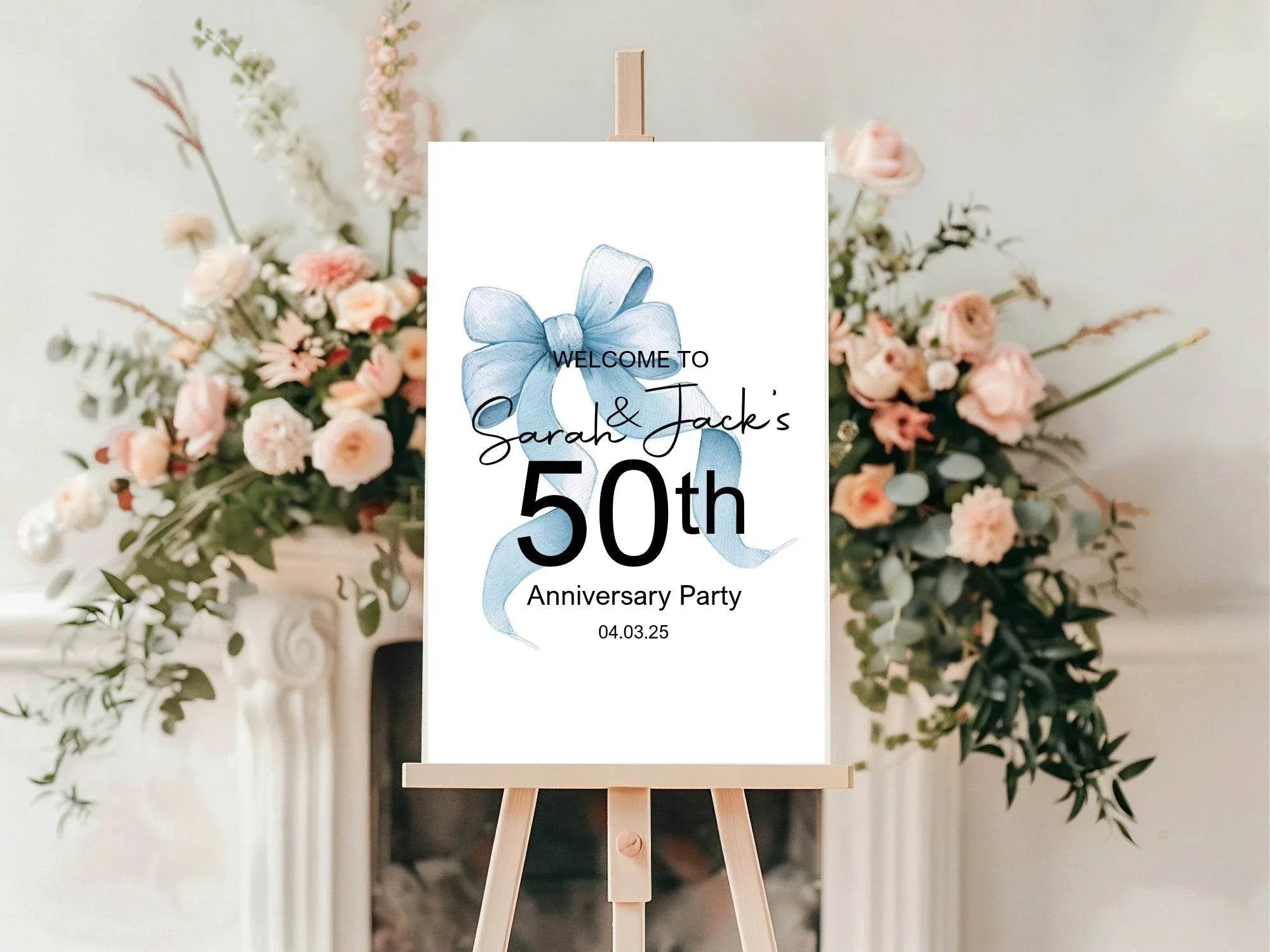 Blue Bow Welcome Anniversary Party Sign - Larosier Prints