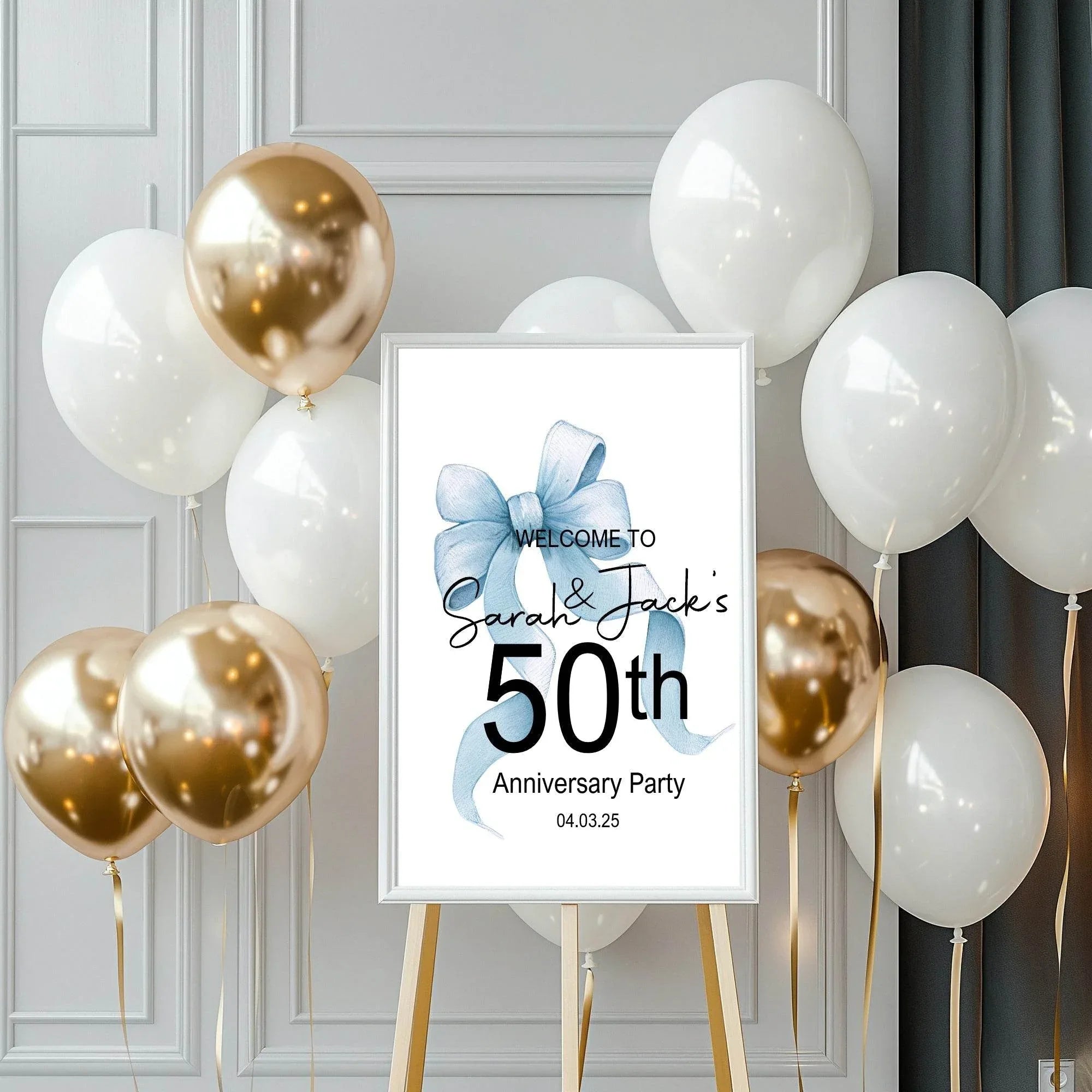 Blue Bow Welcome Anniversary Party Sign - Larosier Prints