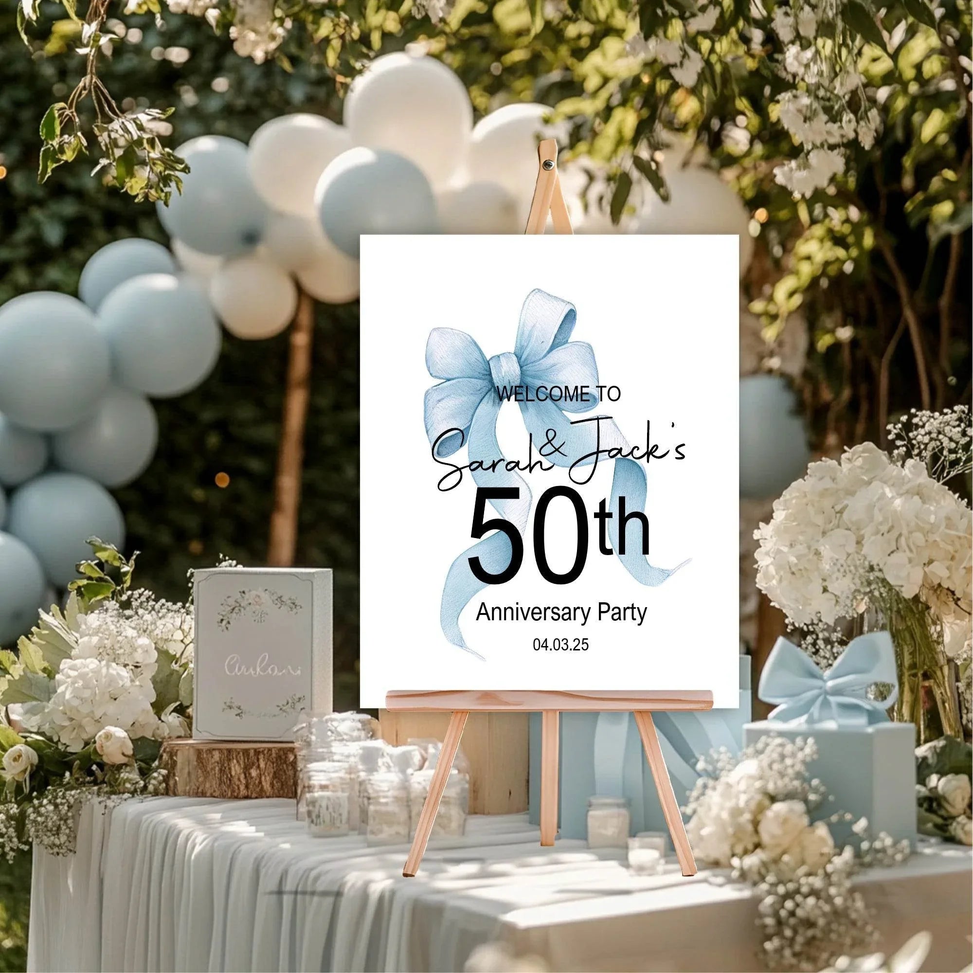 Blue Bow Welcome Anniversary Party Sign - Larosier Prints